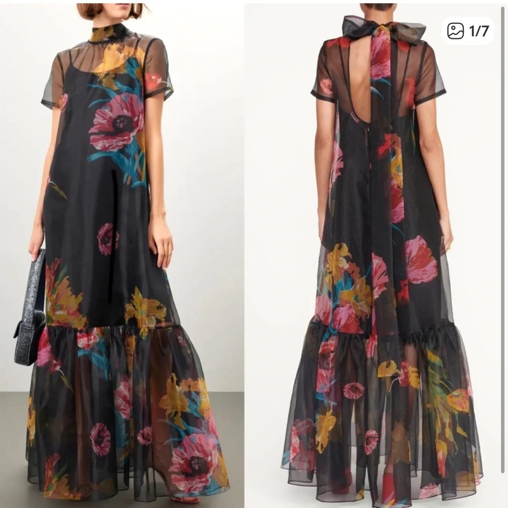 NWT Staud floral print sheer lined shirt sleeve hi neck maxi dress sz S - Picture 1 of 11